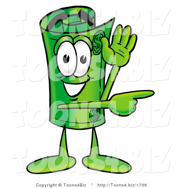 Illustration of a Cartoon Rolled Money Mascot Waving and Pointing