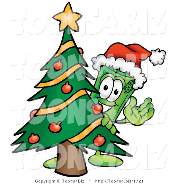 Illustration of a Cartoon Rolled Money Mascot Waving and Standing by a Decorated Christmas Tree