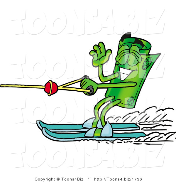 Illustration of a Cartoon Rolled Money Mascot Waving While Water Skiing