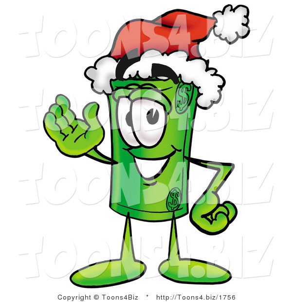Illustration of a Cartoon Rolled Money Mascot Wearing a Santa Hat and Waving