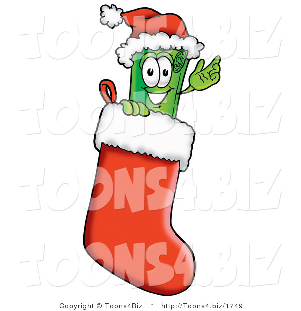 Illustration of a Cartoon Rolled Money Mascot Wearing a Santa Hat Inside a Red Christmas Stocking