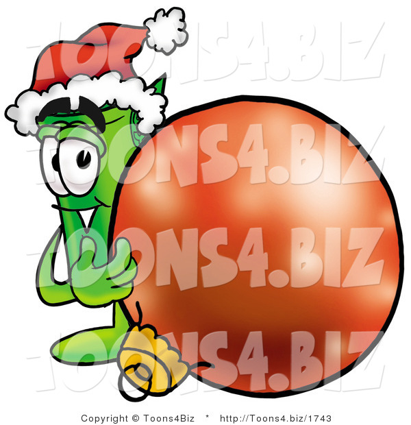 Illustration of a Cartoon Rolled Money Mascot Wearing a Santa Hat, Standing with a Christmas Bauble