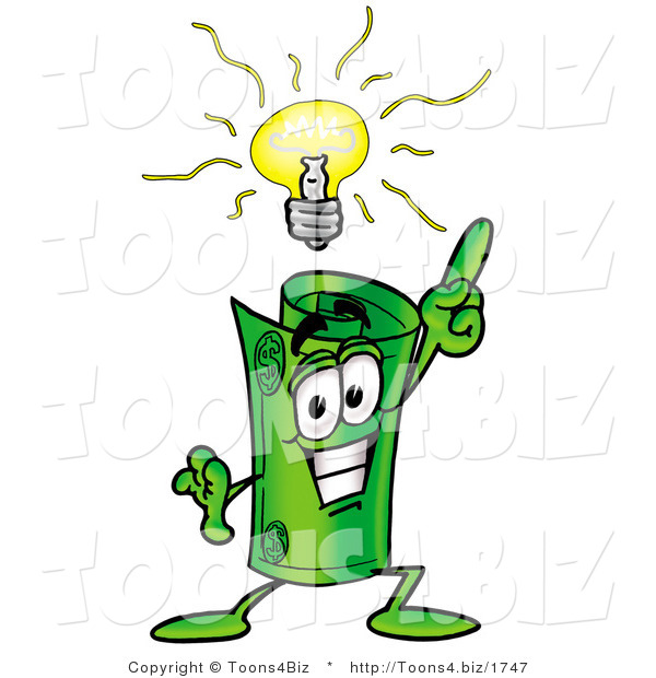 Illustration of a Cartoon Rolled Money Mascot with a Bright Idea