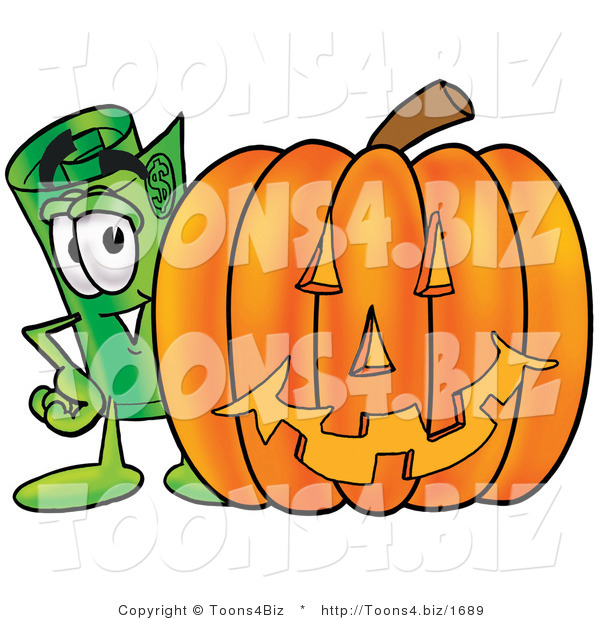 Illustration of a Cartoon Rolled Money Mascot with a Carved Halloween Pumpkin