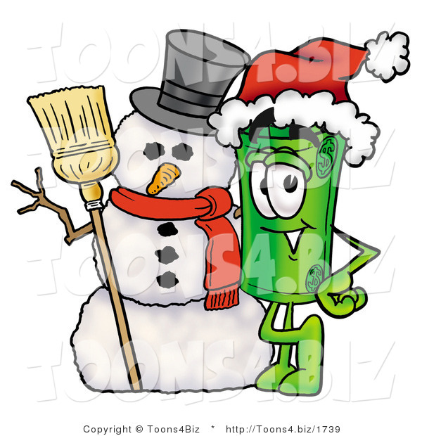 Illustration of a Cartoon Rolled Money Mascot with a Snowman on Christmas
