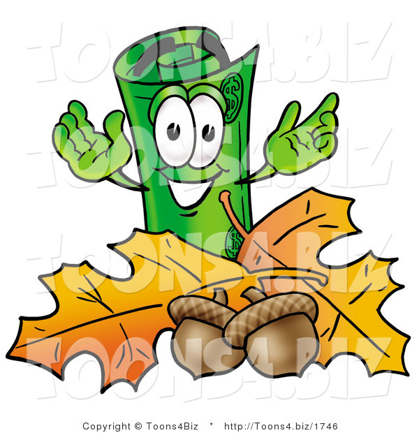 Illustration of a Cartoon Rolled Money Mascot with Autumn Leaves and Acorns in the Fall