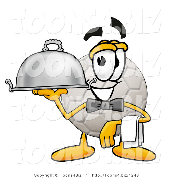 Illustration of a Cartoon Soccer Ball Mascot Dressed As a Waiter and Holding a Serving Platter