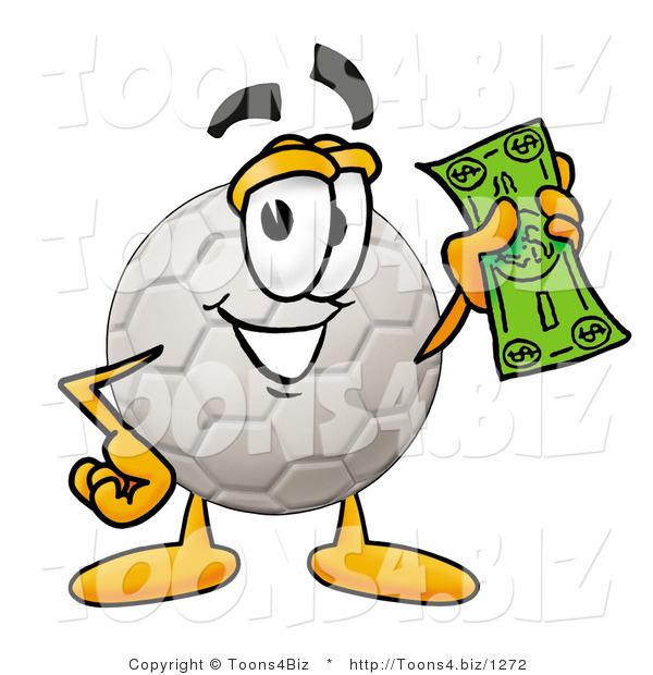 Illustration of a Cartoon Soccer Ball Mascot Holding a Dollar Bill