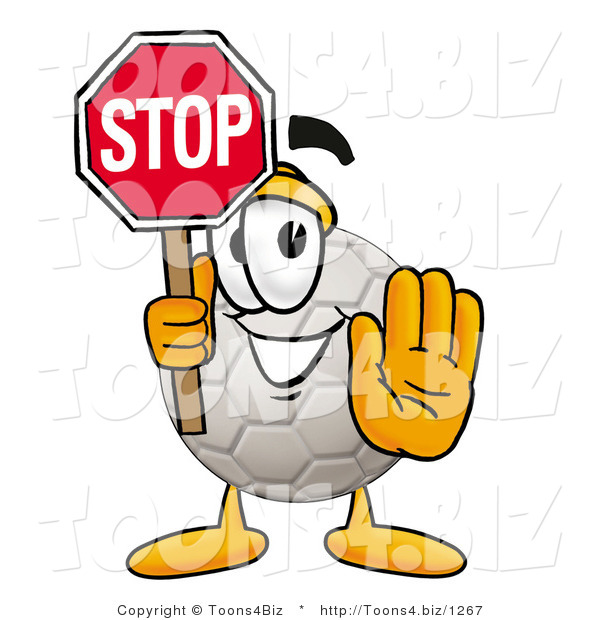 Illustration of a Cartoon Soccer Ball Mascot Holding a Stop Sign