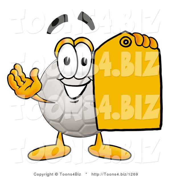 Illustration of a Cartoon Soccer Ball Mascot Holding a Yellow Sales Price Tag
