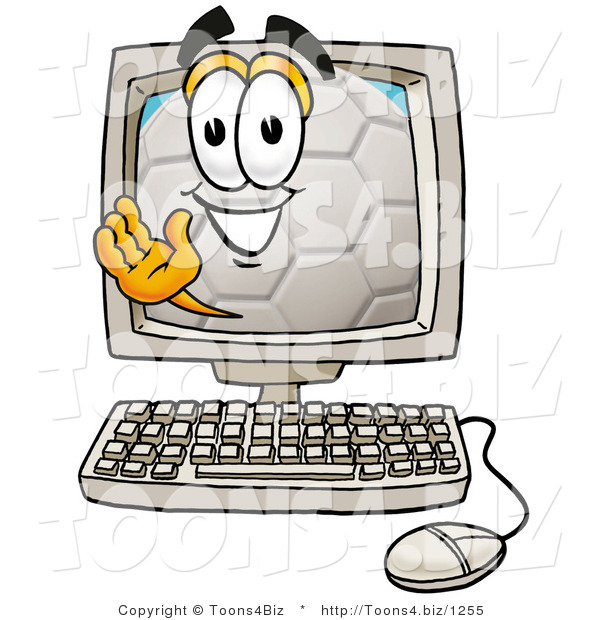 Illustration of a Cartoon Soccer Ball Mascot Waving from Inside a Computer Screen