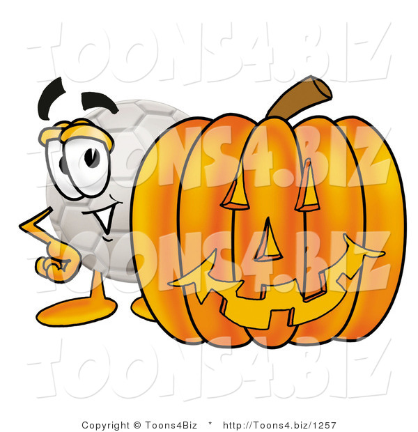 Illustration of a Cartoon Soccer Ball Mascot with a Carved Halloween Pumpkin