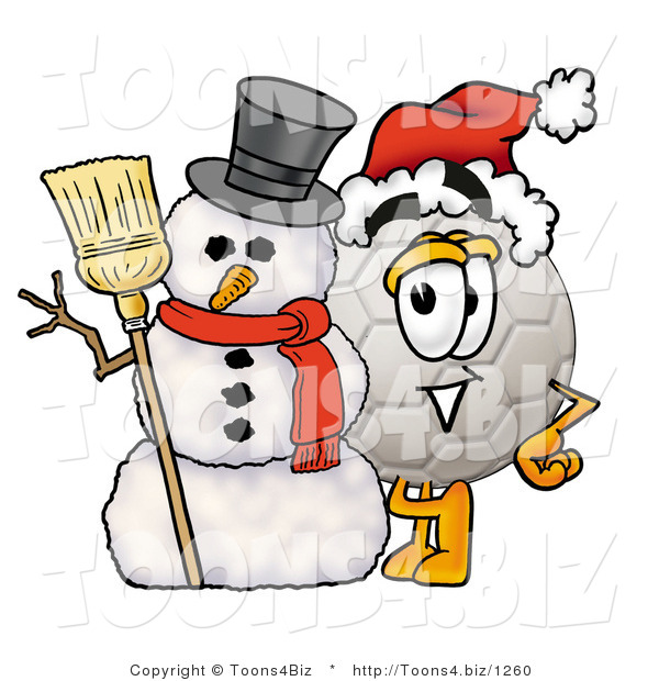 Illustration of a Cartoon Soccer Ball Mascot with a Snowman on Christmas