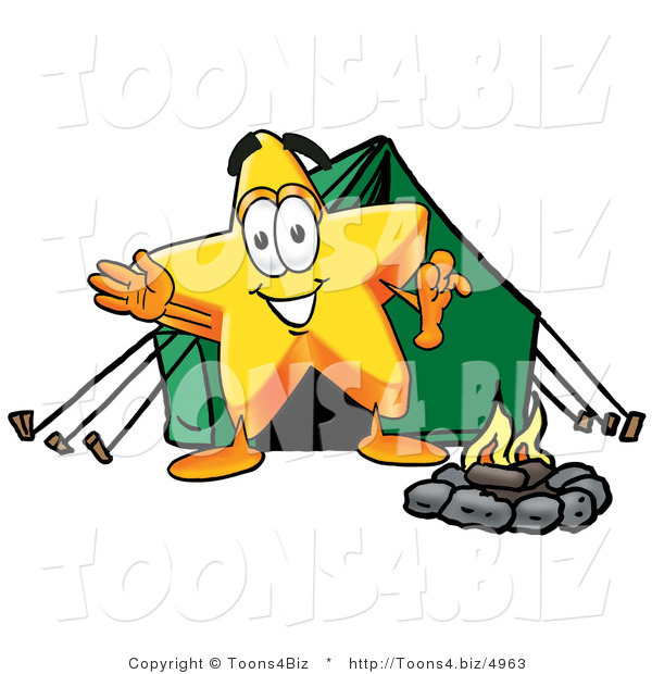 Illustration of a Cartoon Star Mascot Camping with a Tent and Fire