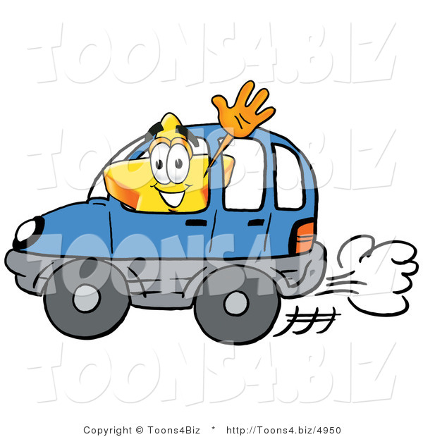 Illustration of a Cartoon Star Mascot Driving a Blue Car and Waving