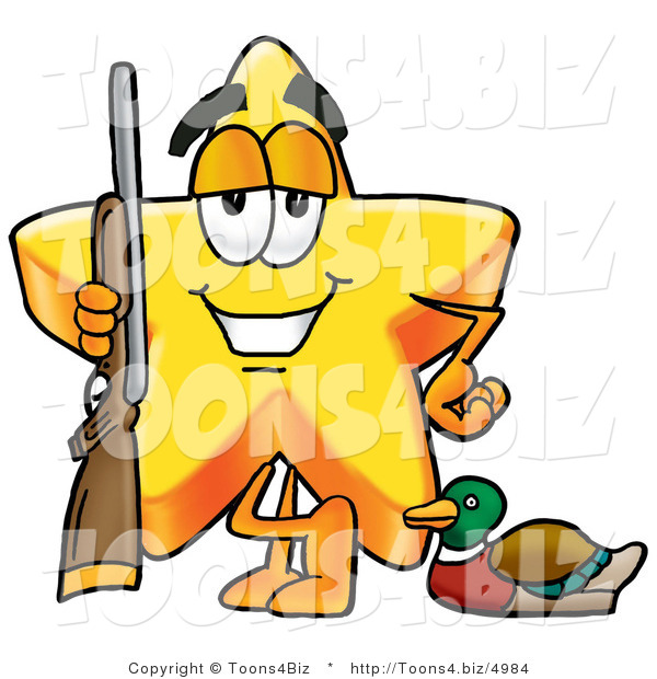 Illustration of a Cartoon Star Mascot Duck Hunting, Standing with a Rifle and Duck