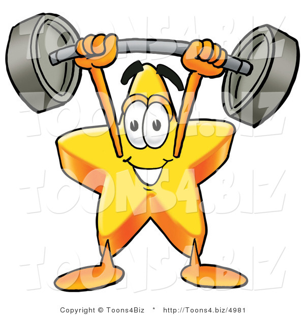 Illustration of a Cartoon Star Mascot Holding a Heavy Barbell Above His Head