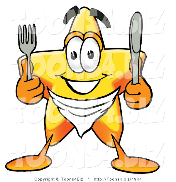 Illustration of a Cartoon Star Mascot Holding a Knife and Fork