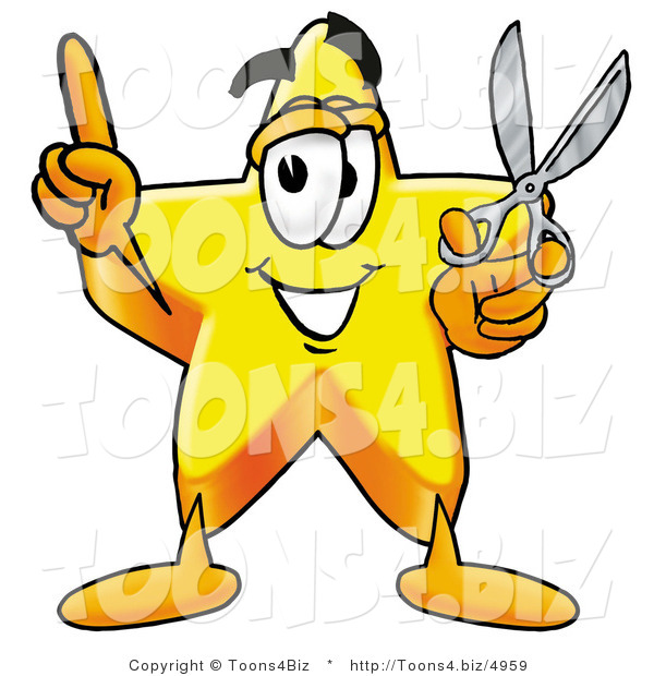 Illustration of a Cartoon Star Mascot Holding a Pair of Scissors