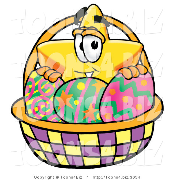 Illustration of a Cartoon Star Mascot in an Easter Basket Full of Decorated Easter Eggs