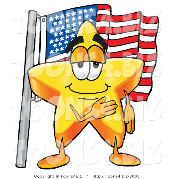 Illustration of a Cartoon Star Mascot Pledging Allegiance to an American Flag
