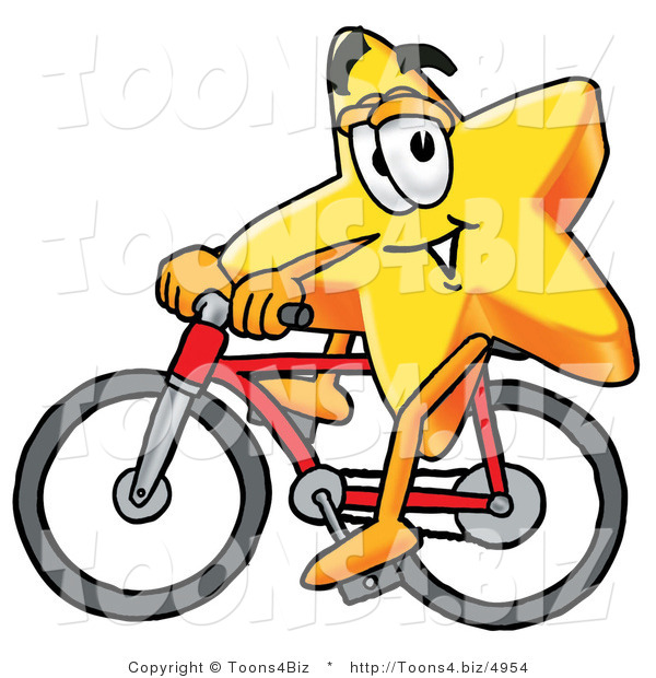Illustration of a Cartoon Star Mascot Riding a Bicycle