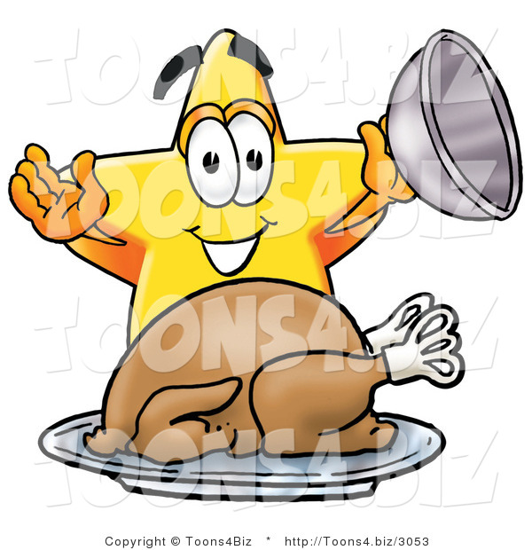 Illustration of a Cartoon Star Mascot Serving a Thanksgiving Turkey on a Platter