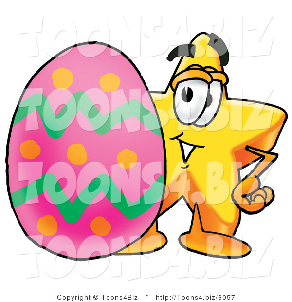 Illustration of a Cartoon Star Mascot Standing Beside an Easter Egg