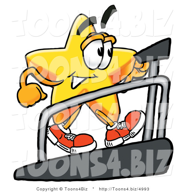 Illustration of a Cartoon Star Mascot Walking on a Treadmill in a Fitness Gym