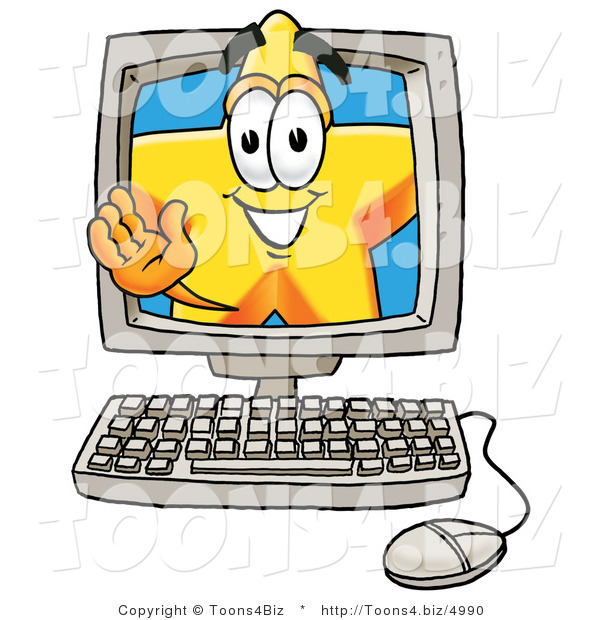 Illustration of a Cartoon Star Mascot Waving from Inside a Computer Screen