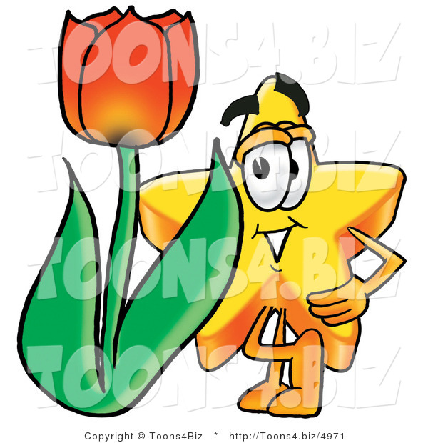 Illustration of a Cartoon Star Mascot with a Red Tulip Flower in the Spring