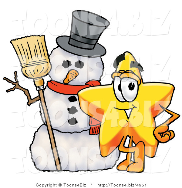 Illustration of a Cartoon Star Mascot with a Snowman on Christmas