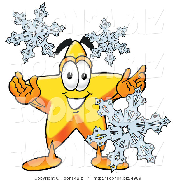 Illustration of a Cartoon Star Mascot with Three Snowflakes in Winter