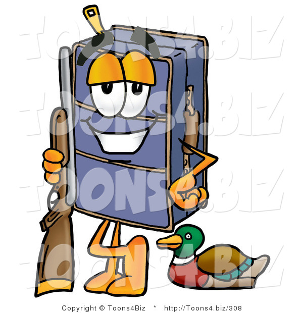 Illustration of a Cartoon Suitcase Mascot Duck Hunting, Standing with a Rifle and Duck