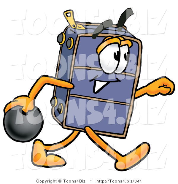 Illustration of a Cartoon Suitcase Mascot Holding a Bowling Ball