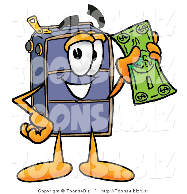 Illustration of a Cartoon Suitcase Mascot Holding a Dollar Bill
