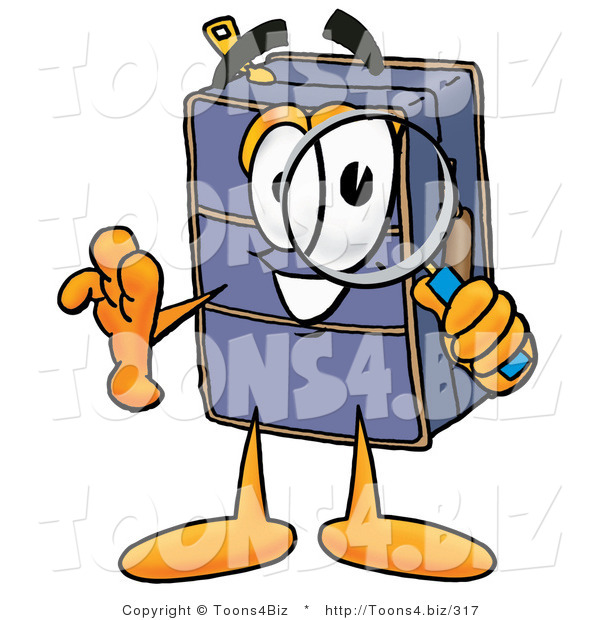 Illustration of a Cartoon Suitcase Mascot Looking Through a Magnifying Glass