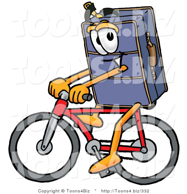 Illustration of a Cartoon Suitcase Mascot Riding a Bicycle