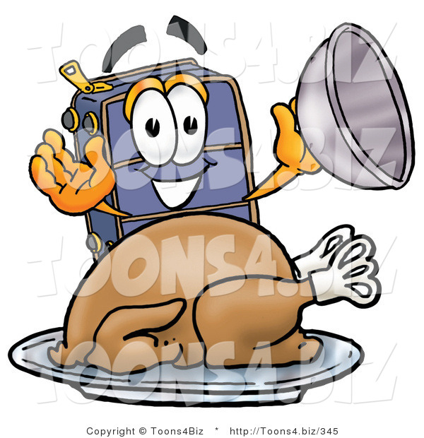 Illustration of a Cartoon Suitcase Mascot Serving a Thanksgiving Turkey on a Platter