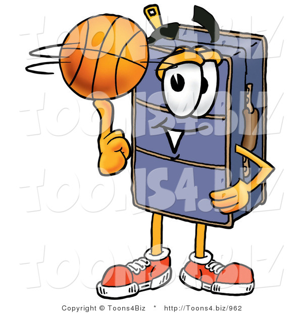 Illustration of a Cartoon Suitcase Mascot Spinning a Basketball on His Finger