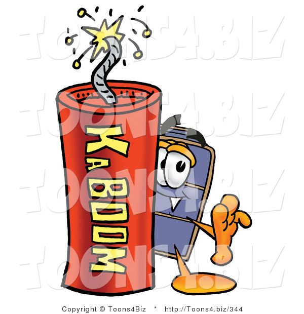 Illustration of a Cartoon Suitcase Mascot Standing with a Lit Stick of Dynamite