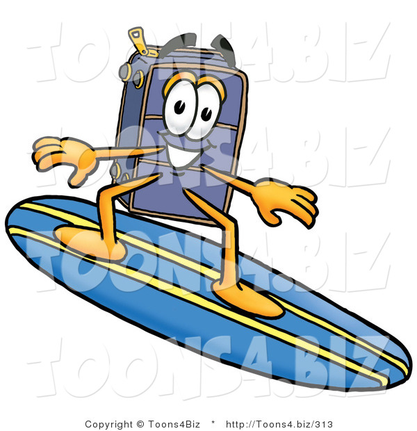 Illustration of a Cartoon Suitcase Mascot Surfing on a Blue and Yellow Surfboard