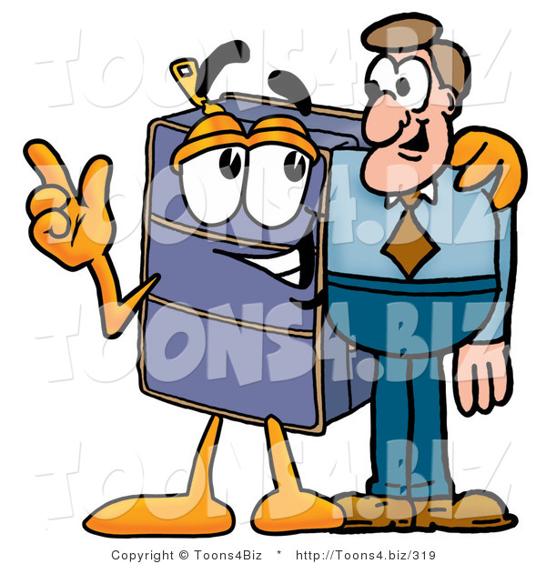 Illustration of a Cartoon Suitcase Mascot Talking to a Business Man