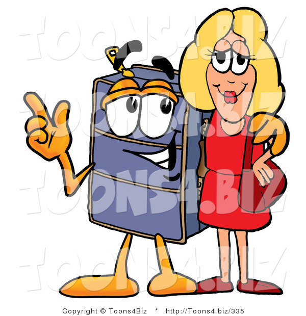 Illustration of a Cartoon Suitcase Mascot Talking to a Pretty Blond Woman