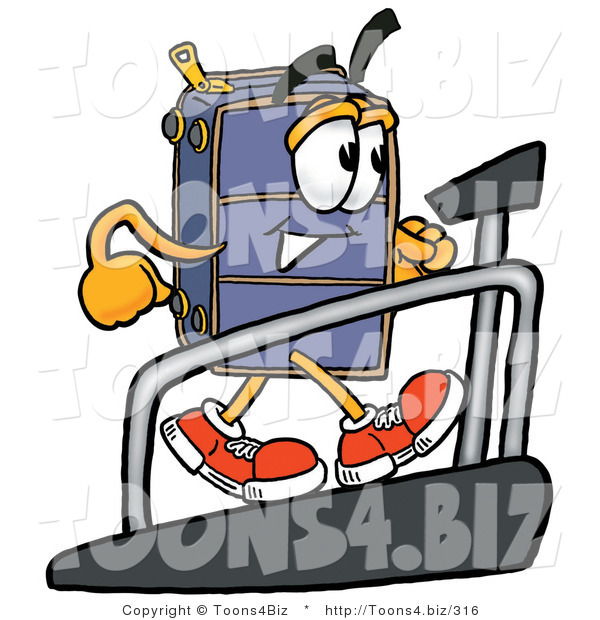 Illustration of a Cartoon Suitcase Mascot Walking on a Treadmill in a Fitness Gym