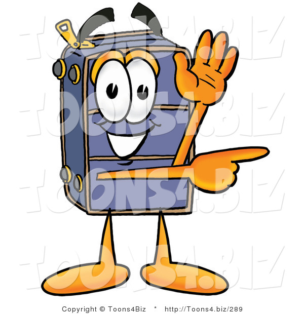 Illustration of a Cartoon Suitcase Mascot Waving and Pointing