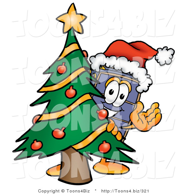 Illustration of a Cartoon Suitcase Mascot Waving and Standing by a Decorated Christmas Tree