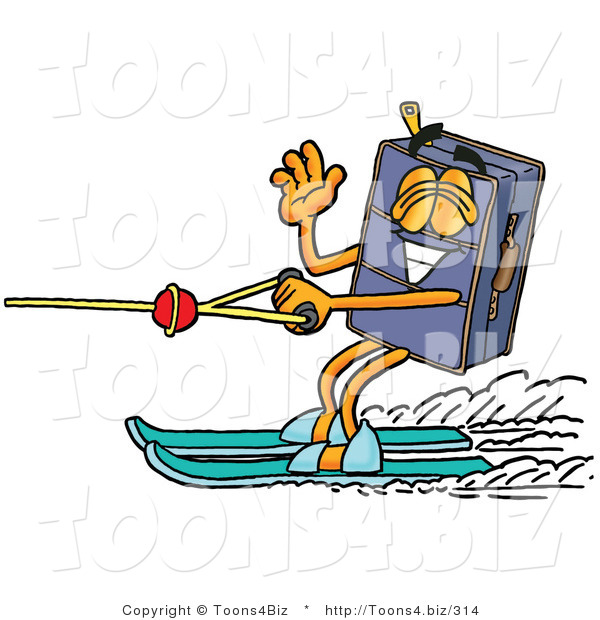 Illustration of a Cartoon Suitcase Mascot Waving While Water Skiing