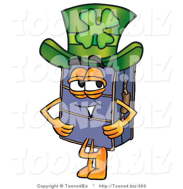 Illustration of a Cartoon Suitcase Mascot Wearing a Saint Patricks Day Hat with a Clover on It