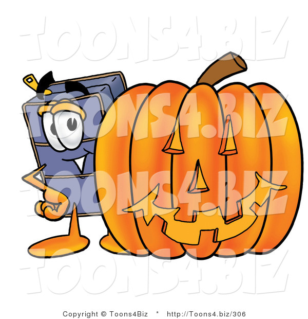 Illustration of a Cartoon Suitcase Mascot with a Carved Halloween Pumpkin